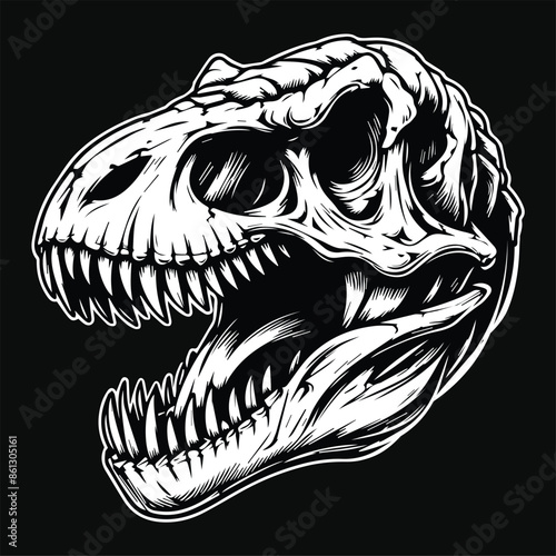 Dark Art Beast Vicious Tyrannosaurus Rex Angry Skull Head Black and White Illustration