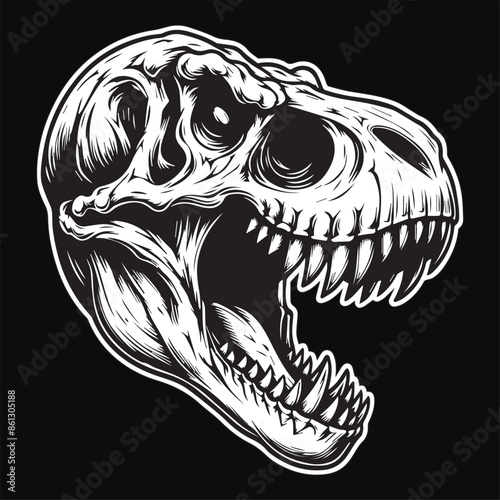 Dark Art Beast Vicious Tyrannosaurus Rex Angry Skull Head Black and White Illustration