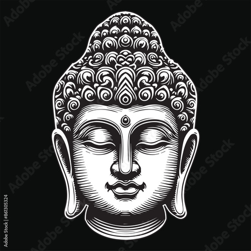 Dark Art Ancient Buddha Statue Head Black and White Illustration