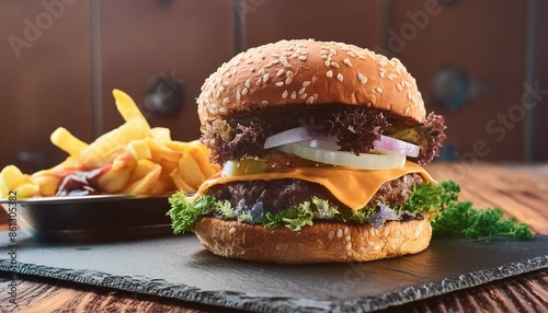 Burger mit Pommes - Salat und Zwiebeln mit Fleisch - schön angerichtet photo