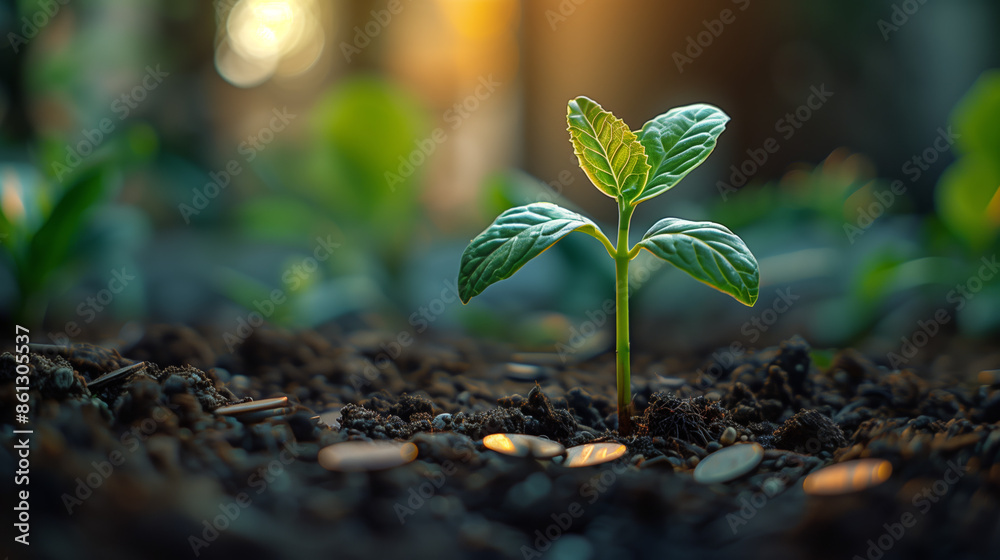 Growing plant on a bed of coins symbolizing financial growth against bokeh background Growing plant on a bed of coins symbolizing financial growth against bokeh background