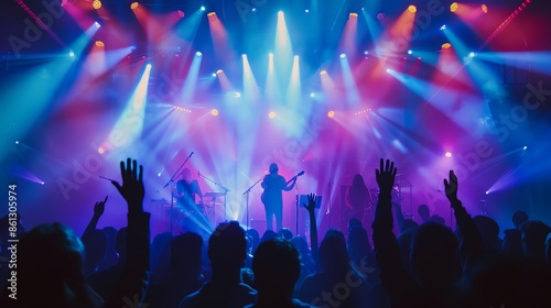 A band plays on stage while fans cheer them on. © Galib