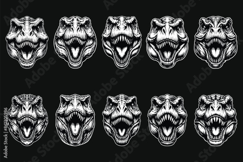 Dark Art Scary Angry Beast Tyrannosaurus Rex Head with Sharp Fang Black and White Illustration