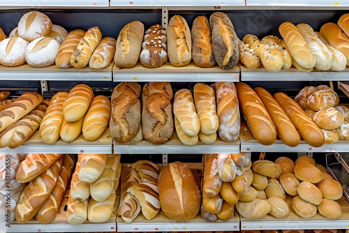 Fresh assortment of breads including baguettes, bagels, and bread buns beautifully displayed on bakery shelves in a supermarket.