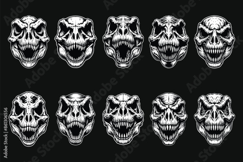 Dark Art Beast Tyrannosaurus Rex Angry Skull Head Black and White Illustration