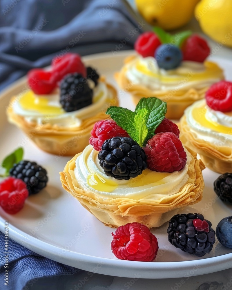 Delicate puff pastry dessert cups filled with tangy lemon curd and topped with a medley of fresh berries, perfect for a sweet and refreshing treat Delicate puff pastry dessert cups filled with tangy lemon curd and topped with a medley of fresh berries, perfect for a sweet and refreshing treat