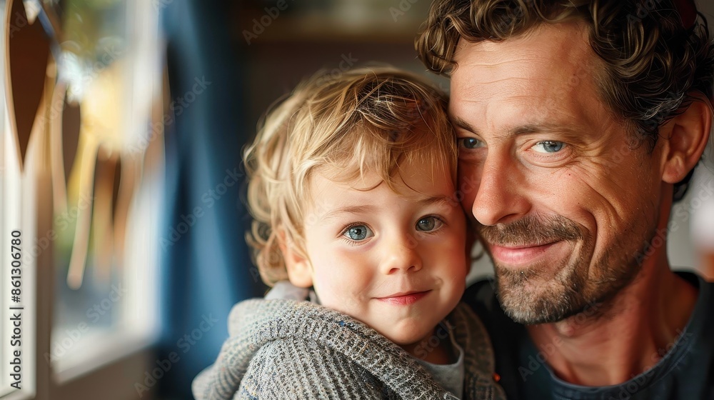 Capturing a tender moment of a man smiling, holding a young child close to his face, both presenting joyful expressions, highlighting love and family bonds. Capturing a tender moment of a man smiling, holding a young child close to his face, both presenting joyful expressions, highlighting love and family bonds.