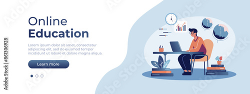 Online education concept. Illustration in flat style with man studying remotely. Vector layout for website page. Online learning at home. Vector illustration EPS 10