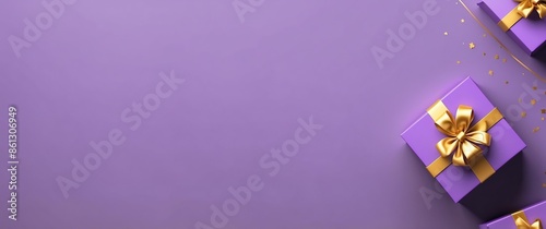 gift box on purple background top view banner with copy space