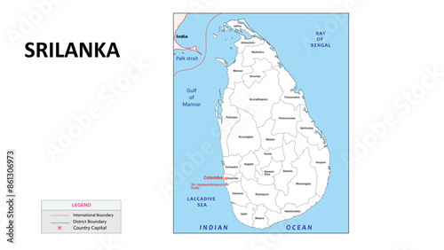 Sri Lanka Map. District map of Sri Lanka. Administrative map of Sri Lanka with State and capital in white color. photo