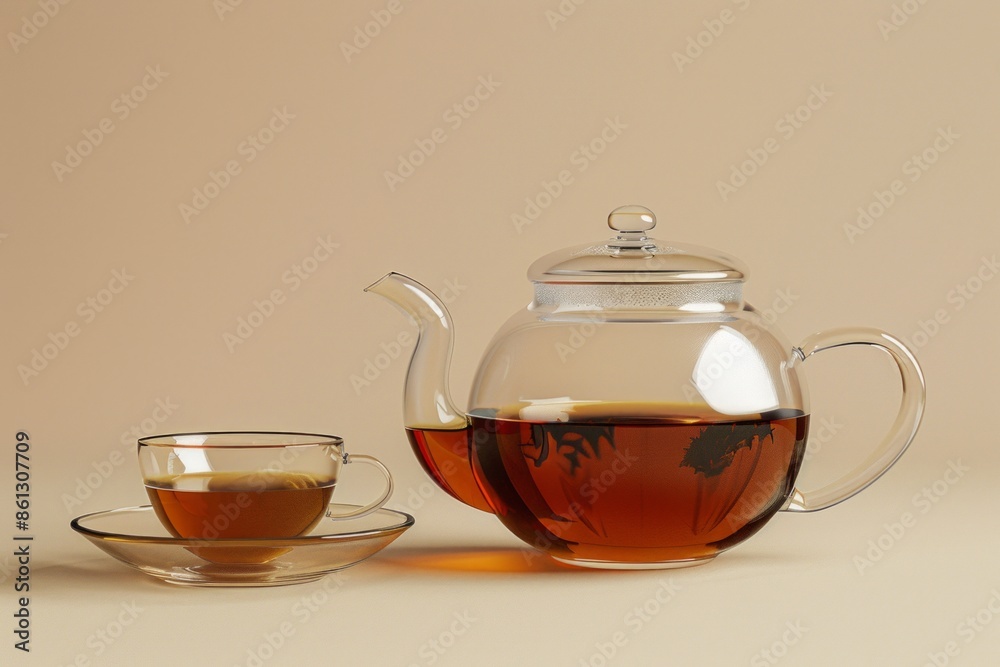 Freshly brewed organic black tea in transparent glass teapot and in glass clear teacup on beige background, selective focus