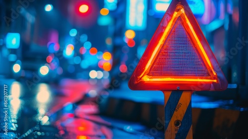 Red neon hazard warning attention sign on night street background.