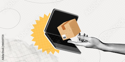 Trendy Halftone Collage Online orders. Hand receives cardboard box from computer laptop. Express transportation parcel from marketplace. Shopping and purchases. Contemporary vector illustration art