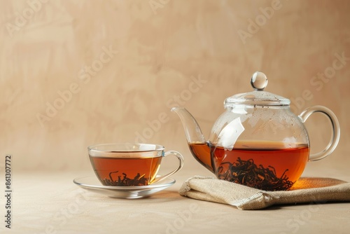 Freshly brewed organic black tea in transparent glass teapot and in glass clear teacup on beige background, selective focus. Tea with space for text