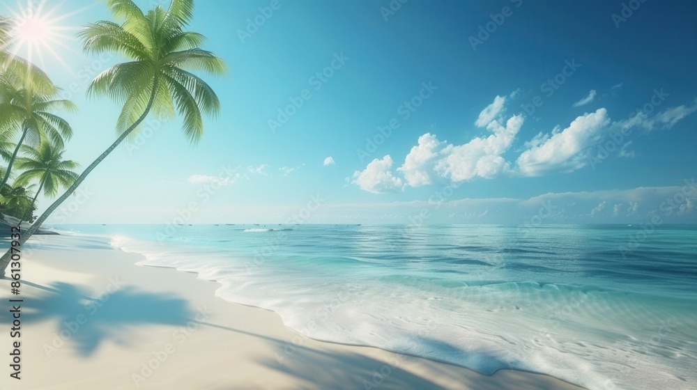 Fototapeta premium A picturesque tropical beach scene showcasing clear blue water, white sand, and swaying palm trees. Perfect for travel or resort marketing. Generative AI