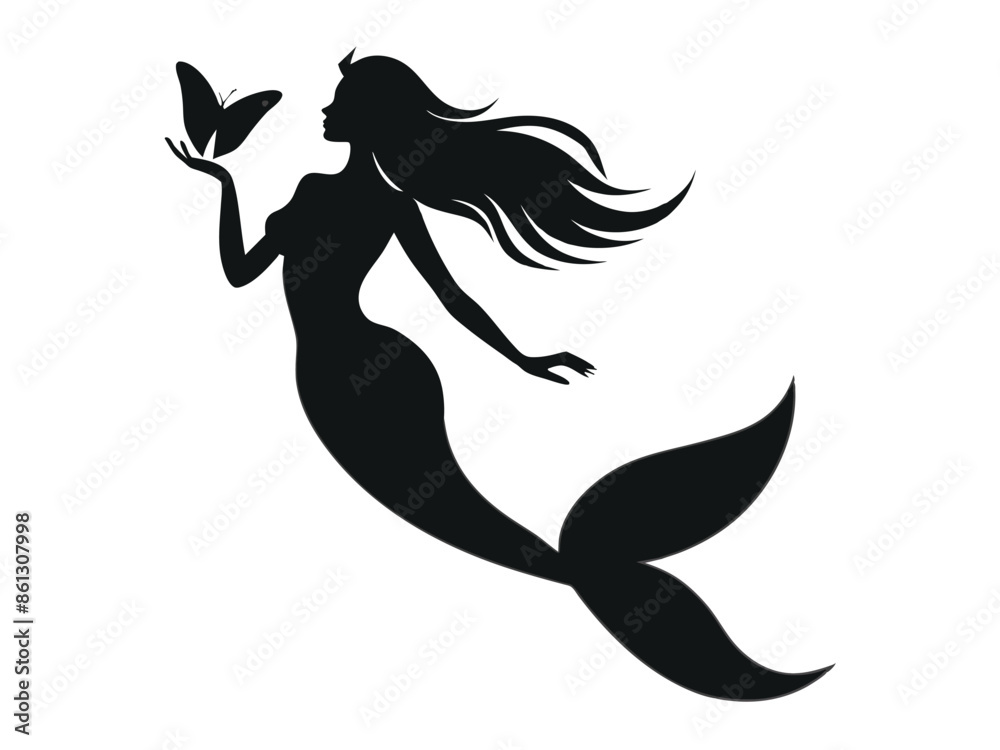 Fototapeta premium Black silhouette art depicts a mermaid and dolphin, a wild nature symbol