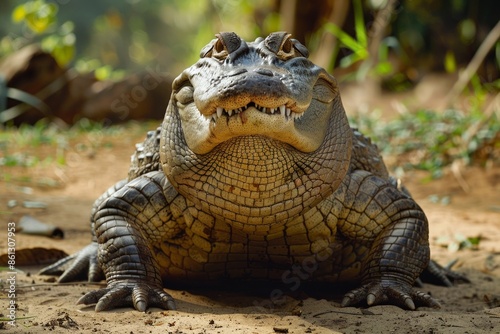 front view of a very fat alligator sitting on the bank and sunning while wearing a smile © Straxer