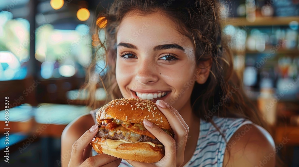 A girl with curly hair and a bright smile is joyfully holding a hamburger in a cozy cafe setting, with warm lights and a casual, inviting atmosphere around her. A girl with curly hair and a bright smile is joyfully holding a hamburger in a cozy cafe setting, with warm lights and a casual, inviting atmosphere around her.