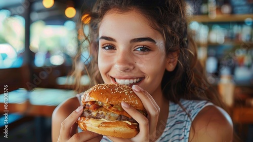 A girl with curly hair and a bright smile is joyfully holding a hamburger in a cozy cafe setting, with warm lights and a casual, inviting atmosphere around her.