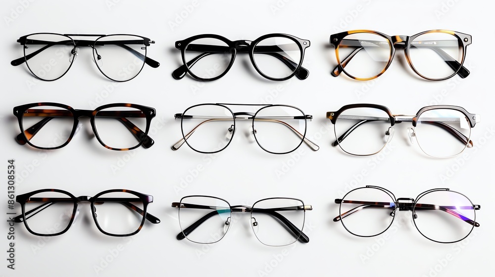 A flatlay of nine different eyeglasses on a white background. A flatlay of nine different eyeglasses on a white background.
