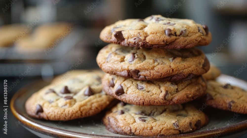 Close-up of a stack of freshly baked chocolate chip cookies on a plate, showcasing their delicious texture and flavor. Close-up of a stack of freshly baked chocolate chip cookies on a plate, showcasing their delicious texture and flavor.