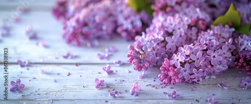 Blooming Spring Lilac Flowers On A White Wooden Background, Creating A Fresh And Serene Scene