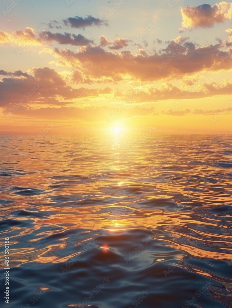 Obraz premium A tranquil scene of a sunset over the ocean, the water reflecting the warm colors of the sky, creating a peaceful and inviting atmosphere. Generative AI