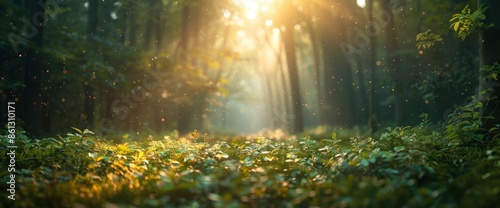 Blurry Green Nature Forest Landscape Background With Sunlight Flare And Blurred Bokeh, Creating A Serene And Picturesque Scene © CgDesign4U