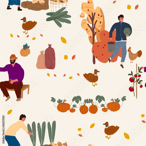Seamless pattern with people gathering crops in autumn. Backdrop with farmers harvesting or collecting seasonal ripe fruits and vegetables. Hand drawn. Vector.