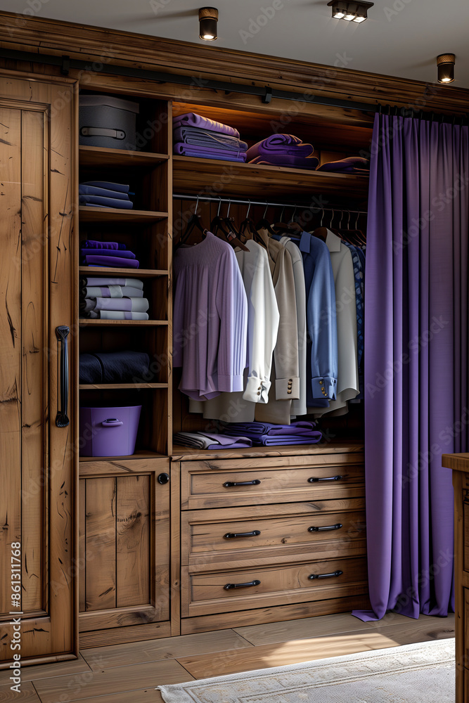Classic style wardrobe with wooden traditional furniture with purple color curtain in modern apartment. Classic style wardrobe with wooden traditional furniture with purple color curtain in modern apartment.