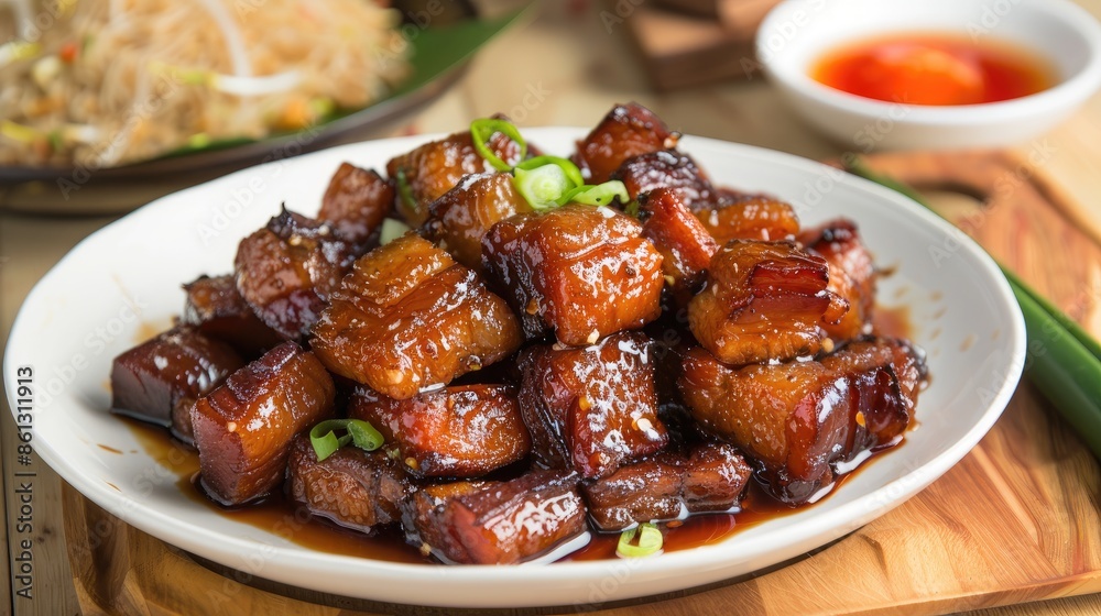 Delicious Glazed Pork Belly Dish with Green Onions on a White Plate in a Cozy Restaurant Setting Delicious Glazed Pork Belly Dish with Green Onions on a White Plate in a Cozy Restaurant Setting