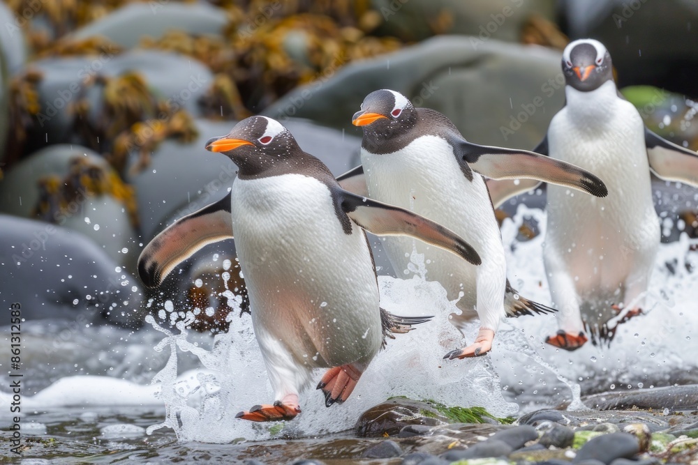 Fototapeta premium Gentoo penguins arriving to their home colony