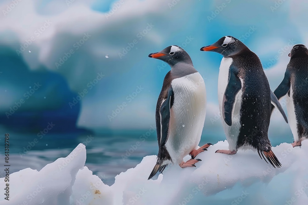 Fototapeta premium Gentoo penguins hang out on small iceberg