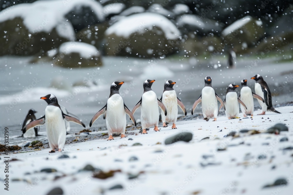 Obraz premium Gentoo penguins waddle along the snow covered beach