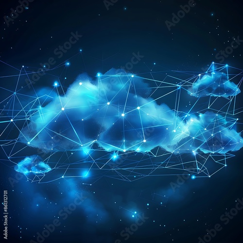 An abstract background showcasing a blue polygonal mesh design with cloud shapes and geometric structures, representing advanced network technology, data connections, and cyberspace themes. 