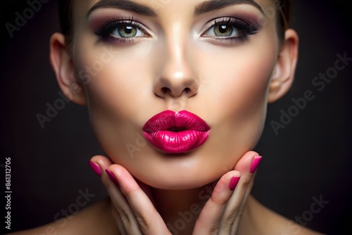 Woman with pink lips blowing kiss, closeup