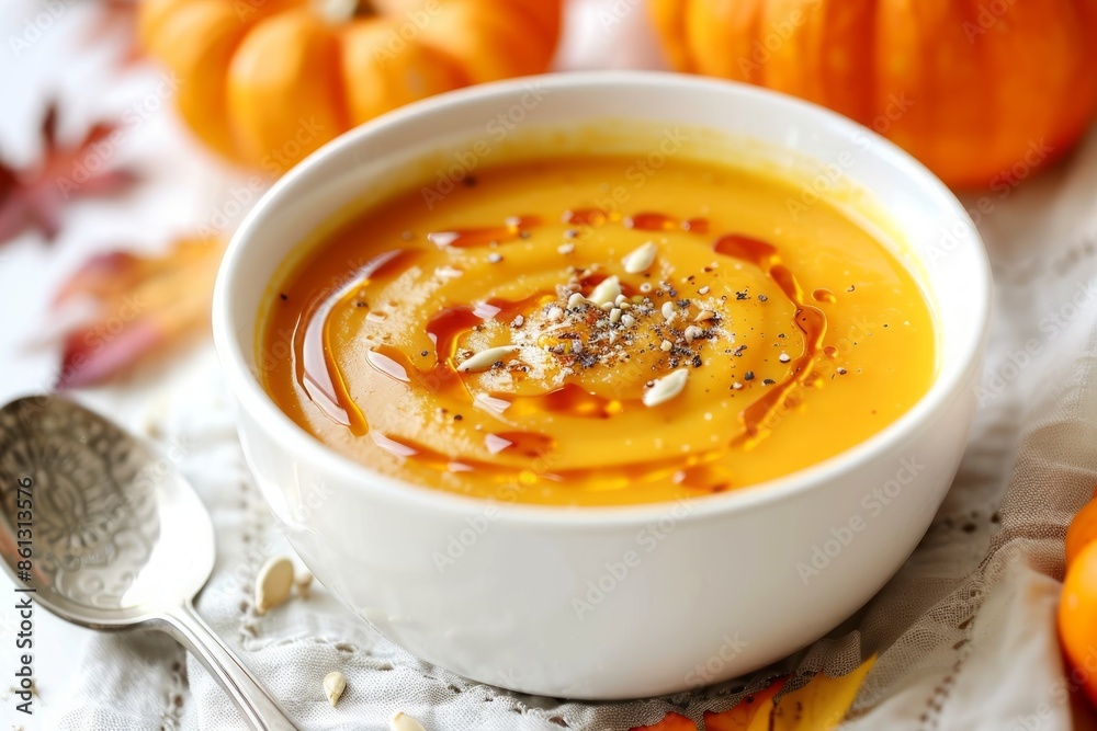 Homemade pumpkin cream soup served in white ceramic bowl on white table with spoon decorated with whole pumpkin, angle view, selective focus. Autumn cozy comfort food .