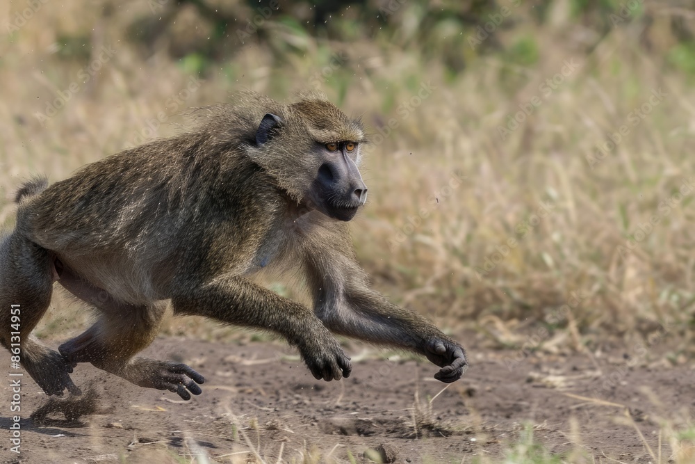 male olive baboon running in Masai Mara. male olive baboon running in Masai Mara.