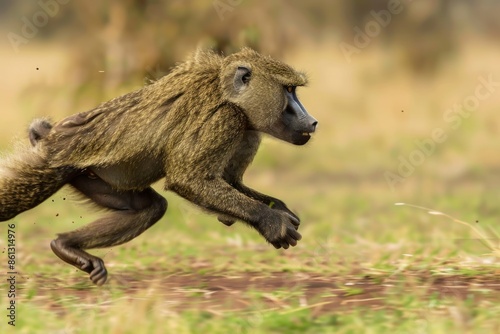 male olive baboon running in Masai Mara.