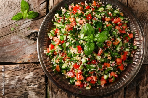 Middle eastern and Mediterranean traditional vegetable salad tabbouleh with couscous on rustic metal plate and wooden background from above. Arab Turkish food.