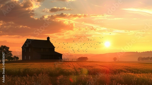 A picturesque rural scene featuring farmhouse silhouettes against a warm sunset sky, with rolling fields and a flock of birds flying overhead. Generative AI © Анатолий Савицкий