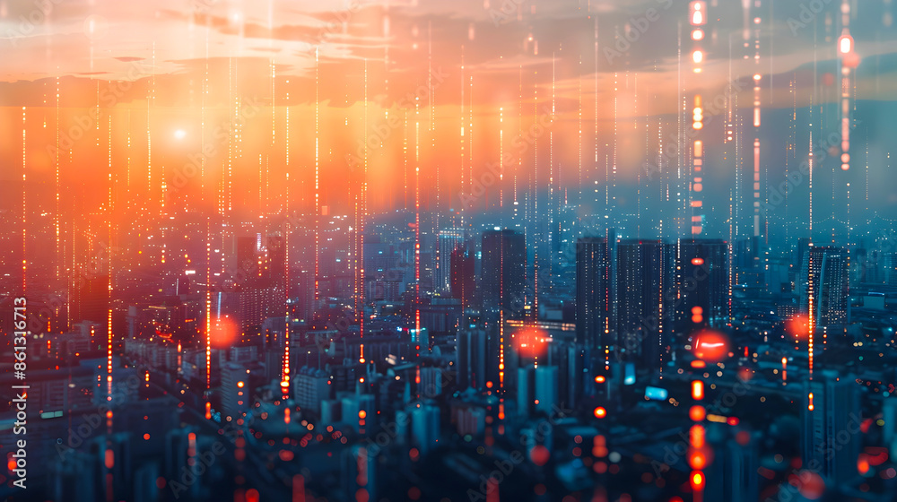 Naklejka premium Futuristic urban skyline with a dense of skyscrapers and buildings illuminated by neon lights reflecting the digital transformation and technological advancement of the modern metropolis