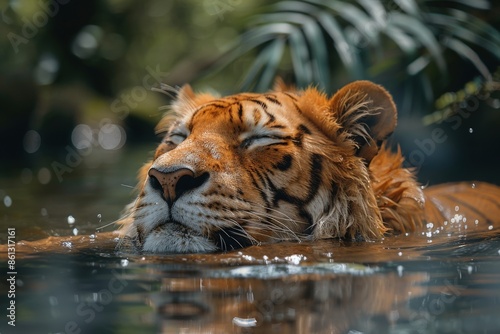 A quiet scene of a tiger immersed in tranquil waters, capturing the essence of peace and natural beauty in the wild, bathed in soft light reflecting the serene surroundings. photo