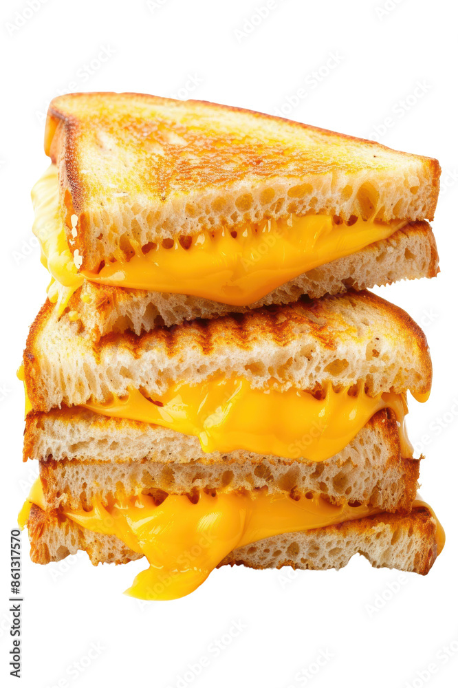 A close-up of a golden brown grilled cheese sandwich with melted cheese. isolate on white background A close-up of a golden brown grilled cheese sandwich with melted cheese. isolate on white background