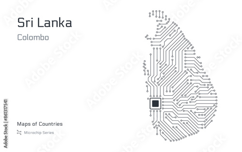 A vector map of Sri Lanka created from a microchip pattern, with the capital Colombo depicted as a microchip