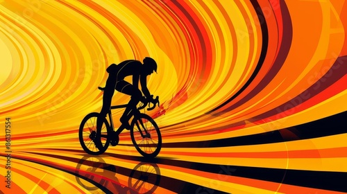 Worms-eye view Cyclist, abstract yellow-orange background, vector illustration, silhouette, perfect for a striking marketing banner, bold and dynamic colors, fluid lines, energetic composition photo