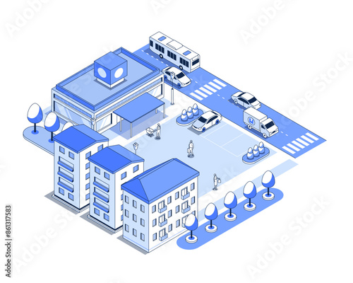 Residential area with a shop - vector isometric illustration. Roadway with public transport, stop near the mall, shoppers with carts and packages, city block and park area, urban building idea