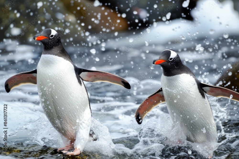 Obraz premium Penguins enter the frigid waters of Antarctica