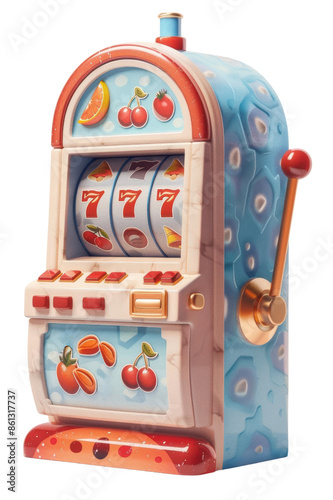 A colorful, stylized slot machine with three spinning reels and a lever. The machine is decorated with fruit symbols.  isolate on white background