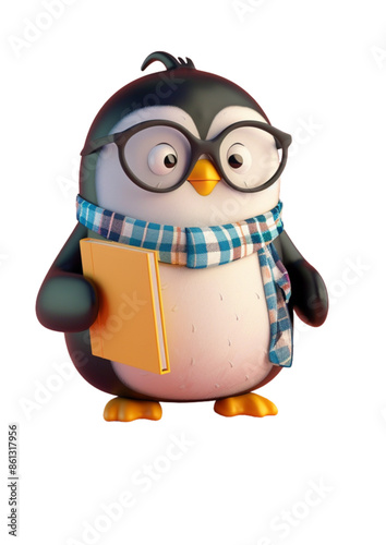 A 3D-rendered penguin, wearing large round glasses and a blue checkered scarf, holding a book in its flipper with a charming and scholarly appearance - AI Generated Digital Art